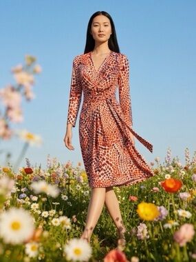 Banana Republic Issa London Long-Sleeve Wrap Dress Orange/ Brown Spot Print med